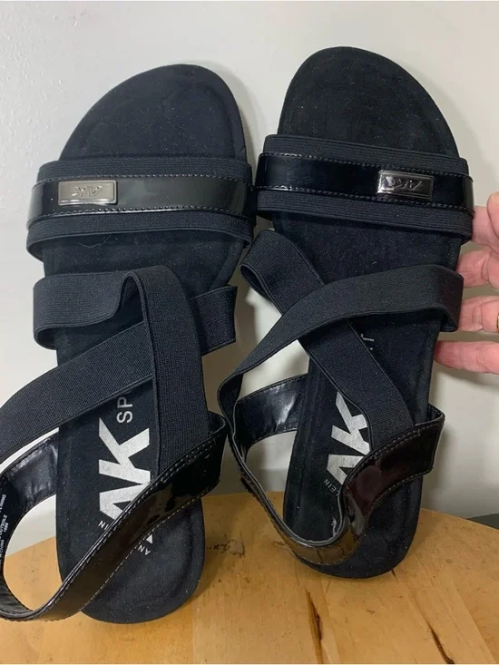 𝅺anne Klein Sport Black Wedged Elastic straps Sandals memory foam insoles - Picture 8 of 14